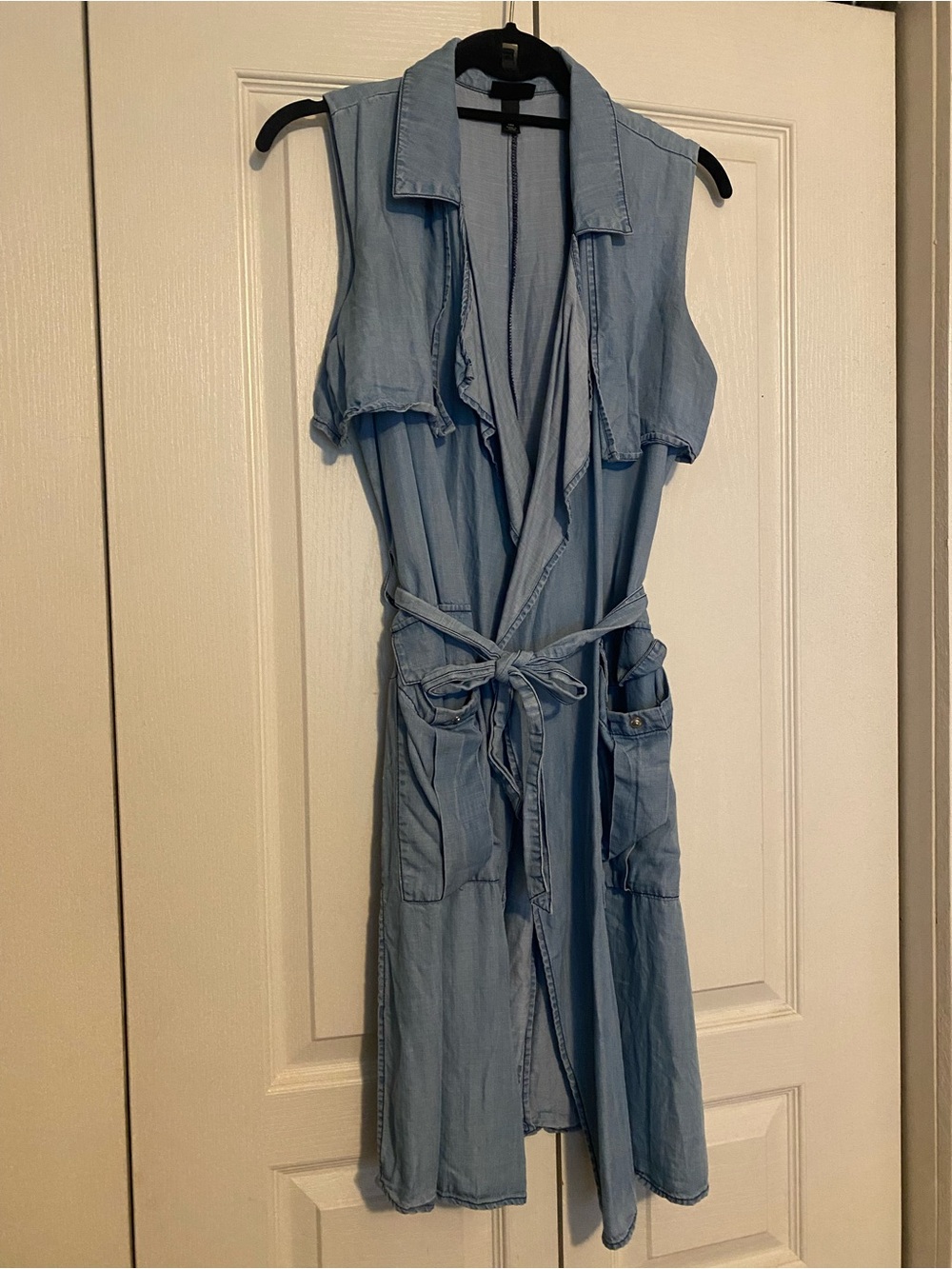 Light Blue Sleeveless Denim Tunic with Tie